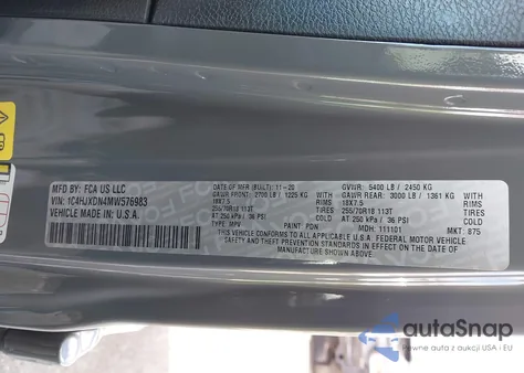 2021 Jeep Wrangler Unlimited Sport Altitude 4X4 z USA, uszkodzony, nr VIN 1C4HJXDN4MW576983